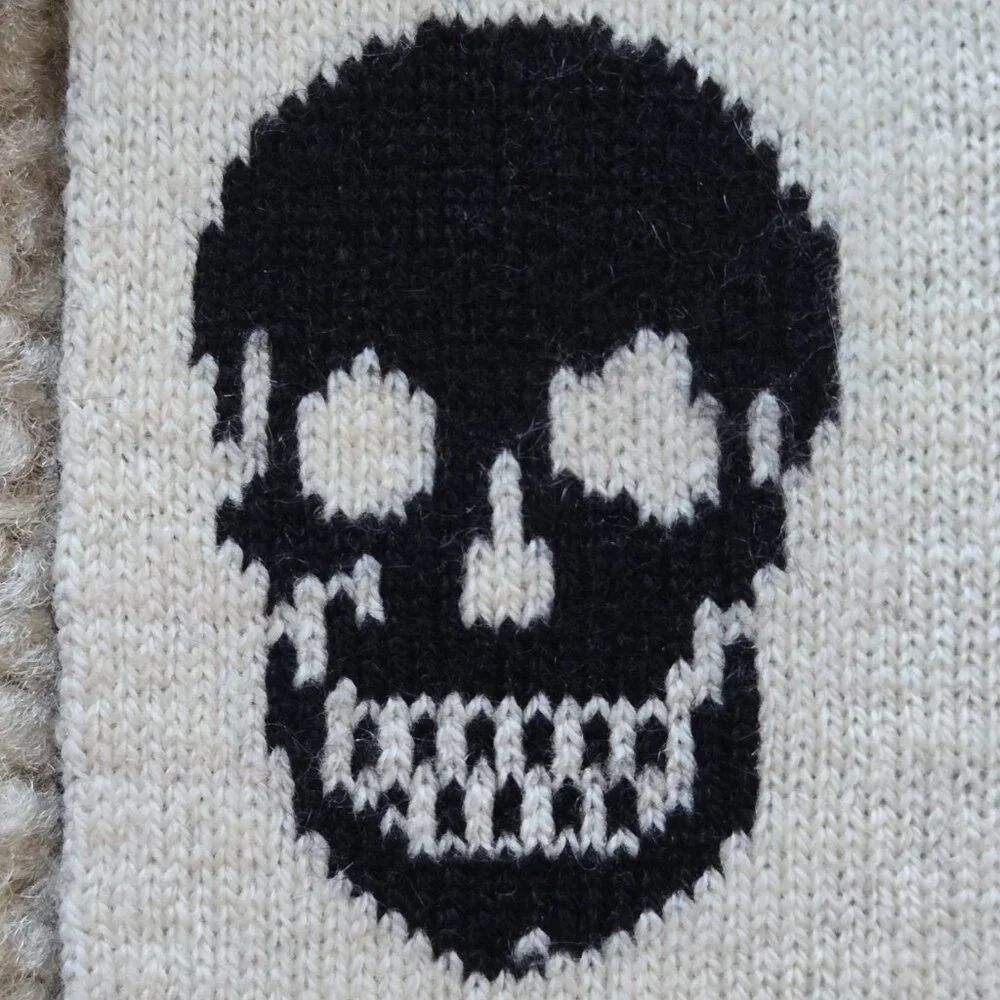 Skull Cashmere Embroidered Wool/Cashmere Scarf Skulls and Flowers